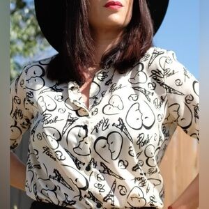 Catherine Malandrino | Paris Print Snap- Button Down Shirt in Cream/Black Medium